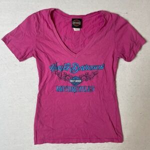 Harley Davidson‎ Jamaica Pink V Neck T Shirt Motorcycle Graphic Tee